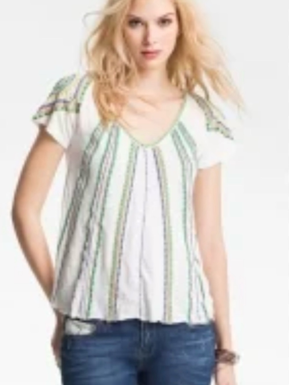 Free People White V-Neck Short Sleeve Top with Green Stripes